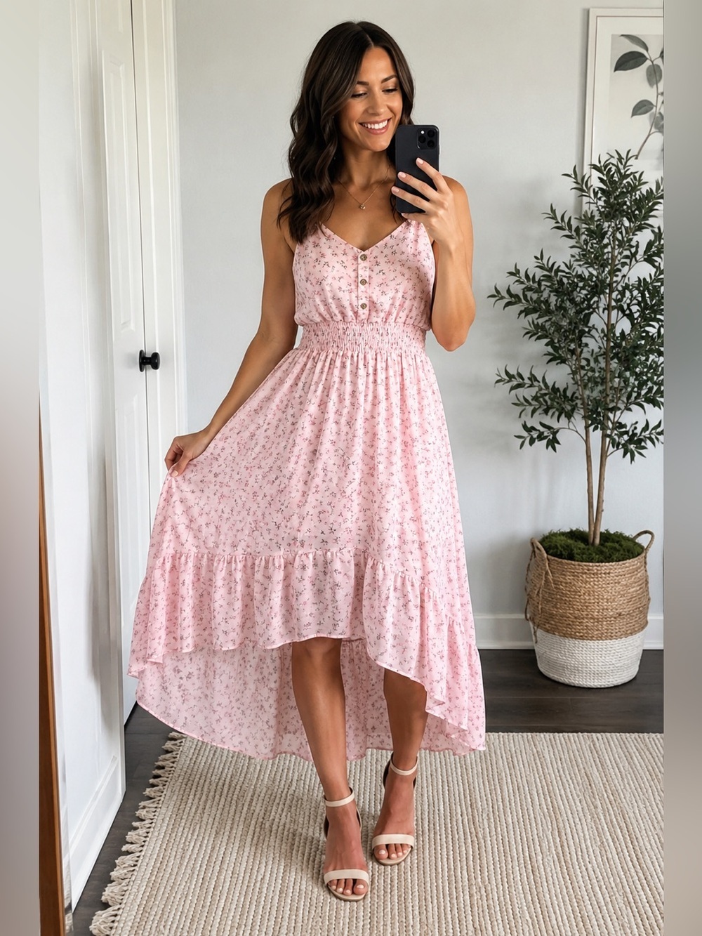 Cottagecore Floral Midi Dress Pink  Wedding Guest Small Hi Low